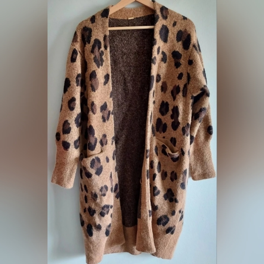 Mila Owen Brown Fuzzy Leopard Print Oversized Long Cardigan Sweater Size 0